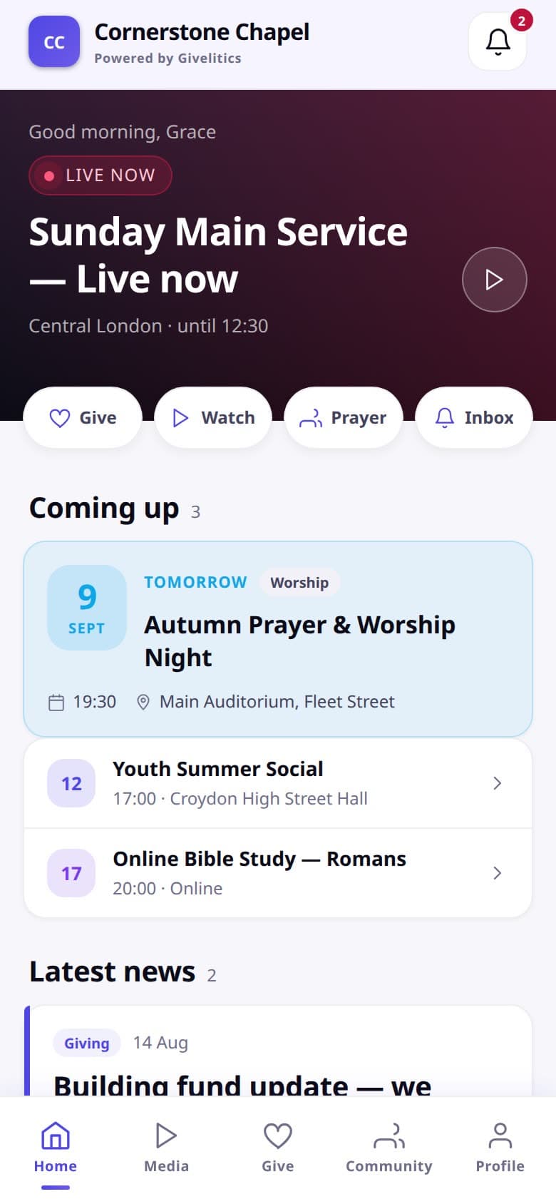 Cornerstone Chapel mobile app home screen showing a live Sunday service, quick actions for Give, Watch, Prayer, and Inbox, and upcoming events